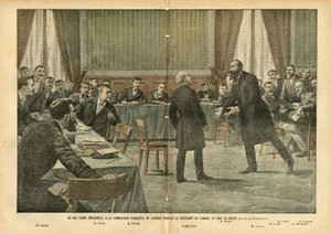 Illustration von Eugene Damblans (1865-1945) in Le Pelerin, 03/07/04 - In einer bewegenden Szene bittet M. Lagrave den Präsidenten des Rates, die Wahrheit zu sagen von Eugene Damblans