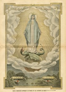 Illustration von Eugene Damblans (1865-1945) in Le Pelerin, 04/12/04 - Maria Immaculée erscheint der Welt und bringt ihr Heil - Religion Glaube, Katholisch Katholizismus - Unbefleckte Empfängnis - Maria, Drache - Wolken - Erde