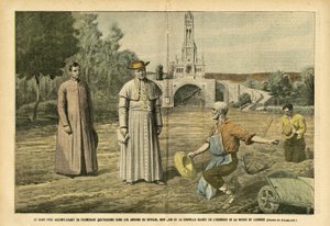 Illustration von Eugene Damblans (1865-1945) in Le Pelerin, 20/08/05 - Der Heilige Vater bei seinem täglichen Spaziergang in den Gärten des Vatikans, nicht weit von der Kapelle, die zu Ehren der Jungfrau von Lourdes errichtet wurde - Religion Glaube, Landw von Eugene Damblans