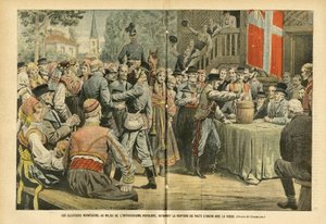 Illustration von Eugene Damblans (1865-1945) in Le Pelerin, 27/08/05 - Die norwegischen Wahlen, inmitten von Volksbegeisterung, ratifizieren die Auflösung des Unionspakts mit Schweden - Wahlen, Stadtarchitektur, Menge, Schweden, Norwegen - Urne von Eugene Damblans