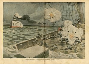 Illustration von Eugene Damblans (1865-1945) in Le Pelerin, 28/02/04 - Die russischen Kreuzer von Wladiwostok versenken einen japanischen Transporter - Armee, Marine, Russisch-Japanischer Krieg, Kriegsschiffe, Wladiwostok - Matrosen von Eugene Damblans