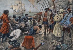 Illustration der Mannschaft von Ferdinand Magellan, die ihm nach einer gescheiterten Meuterei die Treue schwört - Ferdinand Magellan (1480-1521), portugiesischer Navigator, beruhigt eine Meuterei seiner Mannschaft und lässt sie nach der Vergebung auf ein K