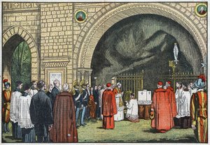 Vor der „Grotte von Lourdes“ in den Gärten des Vatikans segnet Papst Pius XI. den ersten Stein des Kollegs der Propaganda, das auf dem Janikulum errichtet werden soll. Illustration von Damblans. In „Le Pèlerin“ vom 3. Juni