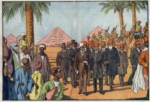 König Amanullah von Afghanistan (1892-1960) besucht die Pyramiden von Ägypten, begleitet von einer Eskorte von Meharisten. Kairo, Ägypten. Illustration von Damblans. In „Le Pèlerin“ vom 22. Januar von Eugene Damblans