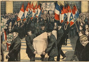 Begräbnis von Maurice Ridart, der von Polizisten in der Kirche La Madeleine in Paris getötet wurde. Die Fahnen der Jugendpatrioten salutieren seinen Sarg. Illustration von Damblans. In „Le Pèlerin“ vom 18. April
