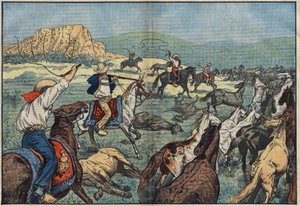 Mexikanische Bauern schießen wilde Pferde, um die Nahrungsmittelknappheit in ihrem Land zu vermeiden. El Paso Plains, Mexiko. Illustration von Damblans. In „Le Pelerin“ vom 6. Oktober