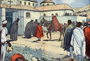 Monsignore Lepicier vom Orden der Diener Mariens, Erzbischof von Tarsus, wurde im koptischen Kloster Debre-Bizen anlässlich eines apostolischen Besuchs in Abessinien (Äthiopien) empfangen. Illustration von Damblans. In „Le Pelerin“ vom 21. August von Eugene Damblans