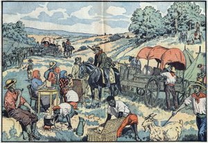 Bevölkerungsmigration in Afrika: 2000 Buren verlassen die portugiesische Kolonie Angola mit Wagen in die fruchtbareren Regionen Südafrikas. Illustration von Damblans in „Le Pelerin“ vom 30. September
