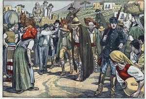 Räuber von der italienischen faschistischen Polizei verhaftet. Sizilien, Italien. Illustration von Damblans. In „Le Pèlerin“ vom 14. Februar