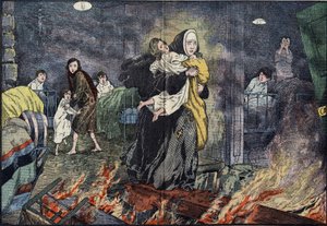 Schwester Marie Gabrielle rettet ein Kind während des Brandes des Waisenhauses von Bernards Ville in den USA. Illustration von Damblans in „Le Pelerin“ vom 27. November