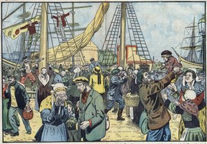 Die Rückkehr des Kabeljaus nach Saint-Malo: Die Terres-Neuvas fischten und trafen sich mit ihren Familien. Illustration von Damblans. In „Le Pelerin“ vom 7. Oktober von Eugene Damblans