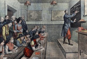 Die erste Klasse in Französisch im zurückeroberten Elsass. Illustration von Damblans. In „Le Pelerin“ von 1914