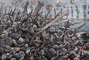 Krieg 1914-1918. Front von Belgien 1914. Deutsche Soldaten an der Yser. Zeichnung von Damblans.