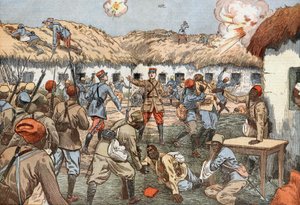 In Aoulay (Marokko) verwundeter Hauptmann Duboin mit senegalesischen Infanteristen, die 22 Tage bis zur Rettung Widerstand leisteten, Zeichnung von Damblans aus der französischen Zeitung "Le Pelerin" vom 7. Juni von Eugene Damblans