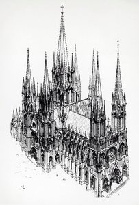 Isometrische Ansicht einer idealen Kathedrale, Zeichnung von Eugène Emmanuel Viollet-le-Duc aus dem Wörterbuch der französischen Architektur vom 11. bis 16. Jahrhundert von Eugene Emmanuel Viollet le Duc