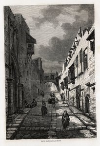 Die Ritterstraße in Rhodos, Zeichnung von Eugene Flandin, zur Illustration seiner Reise zur Insel Rhodos im Jahr 1844. Gravur in Le Tour du Monde, herausgegeben von Edouard Charton von Eugene Flandin