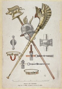 Zubehör des gallischen Kriegers: Banner, das einen Saglier schmückt, der Helm und das Kriegshorn (Carnyx) - in „Illustrierte Lehrhefte, Kriegskostüme der Bronzezeit und der gallischen Zeit“, ed. Grasset