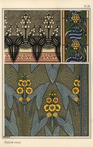 Pfeilkraut, Sagittaria sagittifolia, als Designmotiv in Stickerei, Buntglas und Stoffmustern von Eugene Grasset