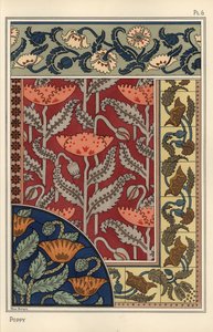 Der Mohn, Papaver somniferum, in Buntglas, Tapeten, Stoff- und Fliesenmustern. Lithographie von Marc Mangin