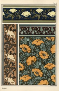 Der Mohn, Papaver somniferum, in Tapeten- und Stoffmustern von Eugene Grasset