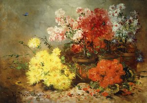 Gänseblümchen, Begonie und andere Blumen in Töpfen von Eugene Henri Cauchois
