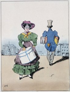 Eine Frau und ein Mann mit Paketen, überqueren die Rue Vivienne - in „Souvenirs d