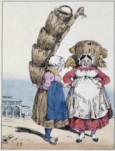 Die Markthalle: zwei Frauen im Gespräch und mit Körben - in „Erinnerungen eines Müßiggängers“ von Eugène Forest, ed. Delpech, Paris, um 1830