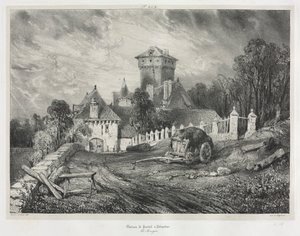 Malerische und romantische Reisen im alten Frankreich: Auvergne (Bd. II): Pesteil Schloss in Polminhac, Platte 202 von Eugene Isabey