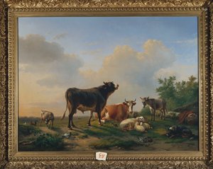 Ein Stier, eine Kuh, ein Esel, eine Ziege, Schafe und Geflügel in einer weiten Landschaft, 1849