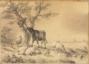Landschaft mit Tieren und Junge im Baum, 1866 von Eugene Joseph Verboeckhoven