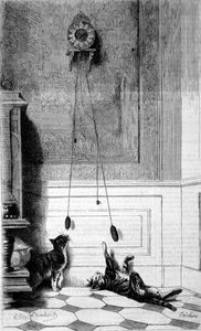 Zwei Kätzchen spielen mit einer Uhr. Illustration von Eugene Lambert. Gravur