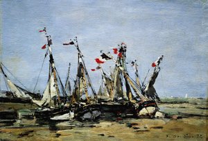 Trouville (Frankreich), warten auf die Flut, Fischerboote am Strand, geschmückt mit französischen Flaggen, zur Erinnerung an die Französische Revolution von 1789 von Eugene Louis Boudin
