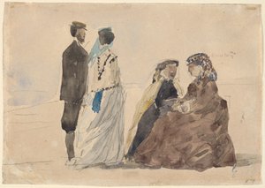 Zwei sitzende Damen und ein Paar, das am Strand spazieren geht, ca. 1866