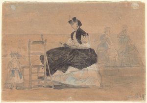 Frau in einer Krinoline am Strand von Trouville von Eugene Louis Boudin