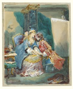 Ein Paar, das sich in einem Künstleratelier umarmt von Eugene Louis Lami