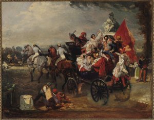 Kutsche mit Männern und Frauen in Kostümen auf den Champs-Elysees, 1834 von Eugene Louis Lami