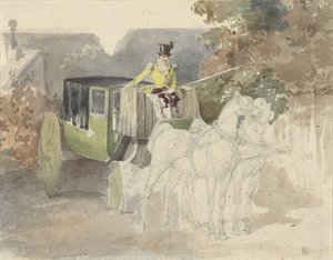 Kutsche mit zwei Pferden in waldreicher Umgebung von Eugene Louis Lami