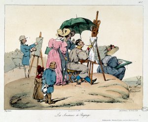 Landschaftsliebhaber. Präsentierte Maler versammeln sich, um eine maritime Landschaft zu malen. Illustration aus dem Buch La Vie de Château