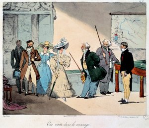 Leben auf dem Schloss: ein Besuch in der Nachbarschaft. Lithographie nach einer Zeichnung von Eugene Louis Lami (1800-1890) von Eugene Louis Lami