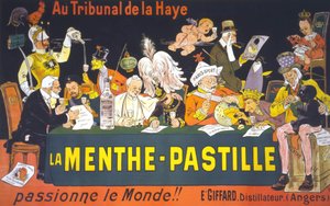 Karikaturplakat zur Friedenskonferenz in Den Haag 1899: „Im Haager Gericht, die Minzpastille - begeistert die Welt!“ von Eugène Ogé (1861 - 1936)