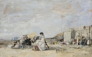 Dame in Weiß am Strand von Trouville von Eugene Louis Boudin