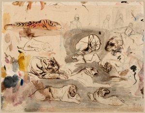 Skizzen von Tigern und Männern in Kostümen des 16. Jahrhunderts von Eugène Delacroix