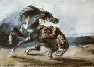 Tiger greift ein Wildpferd an