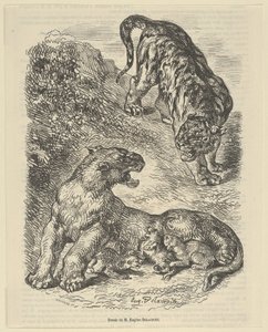 Tigerin wird von einem Tiger angegriffen, während sie ihre Jungen säugt von Eugène Delacroix
