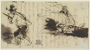 Jäger mit Hund, über einen Brief gezeichnet von Eugène François de Block