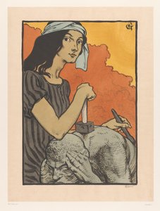 Bildhauerin arbeitet mit Meißel und Hammer an einer Skulptur von Eugène Grasset (signed by artist)