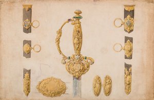 Entwurf für ein Schwertgriff, Scheide und Gürtelbeschläge, ca. 1840-50