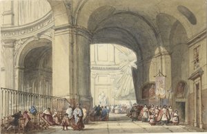 Innenraum der S. Roche in Paris, mit einer Prozession im Vordergrund von Eugène Louis Lami (possibly)