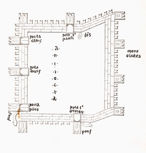 Plan von Antiochia im 13. Jahrhundert mit seinen fünf Toren