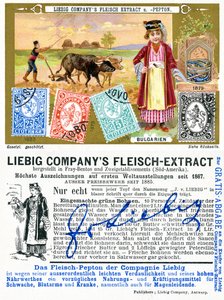 Bulgarische Briefmarken, Vorder- und Rückseite einer Liebig-Werbekarte, 1897